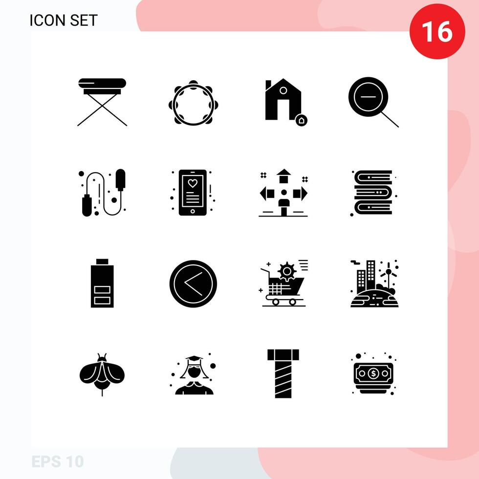 Group of 16 Solid Glyphs Signs and Symbols for fitness zoom tambourine out protect Editable Vector Design Elements