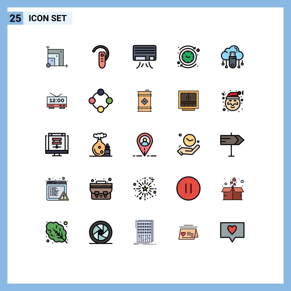 Modern Set of 25 Filled line Flat Colors and symbols such as usb reverse headset clock backward Editable Vector Design Elements