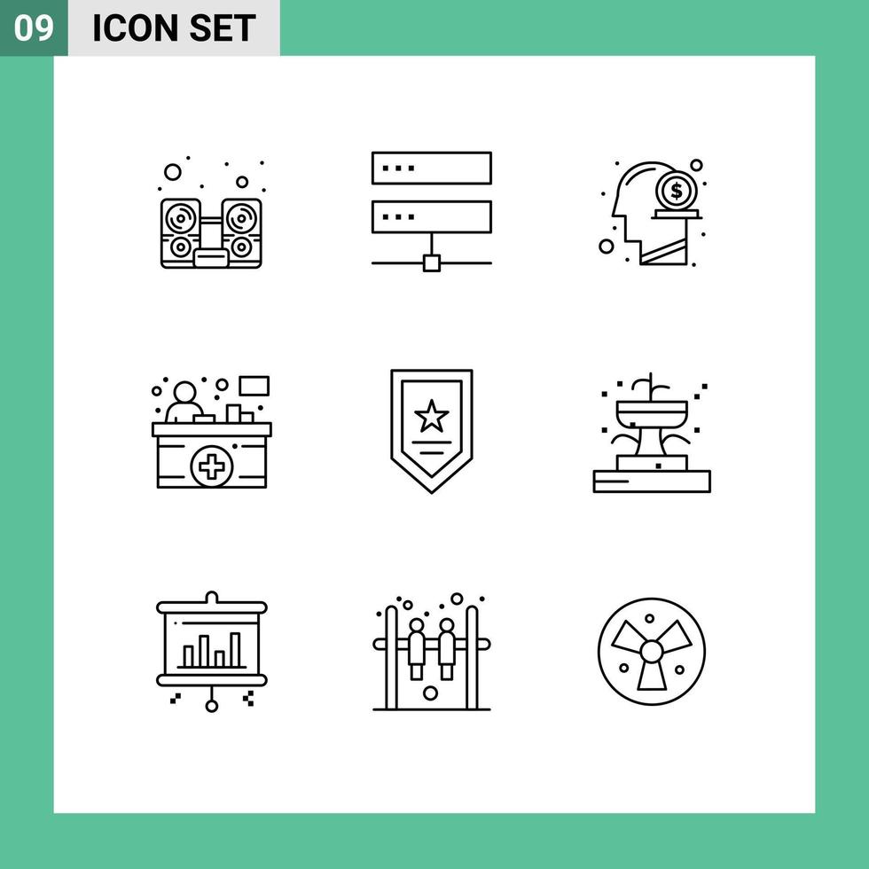 Modern Set of 9 Outlines Pictograph of information counter front desk network counter mind Editable Vector Design Elements