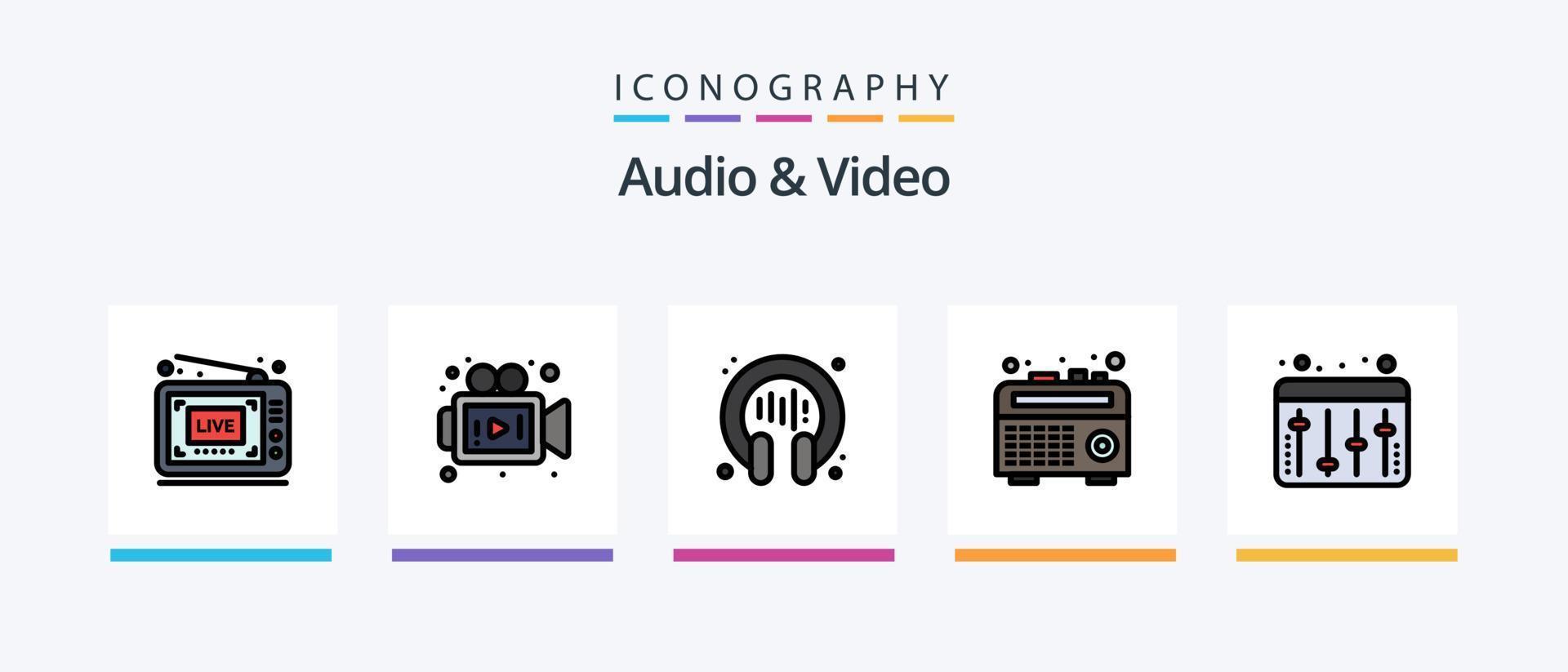 La línea de audio y video llenó un paquete de 5 íconos que incluye video. película. tienda de juegos. camara de video. cámara. diseño de iconos creativos vector