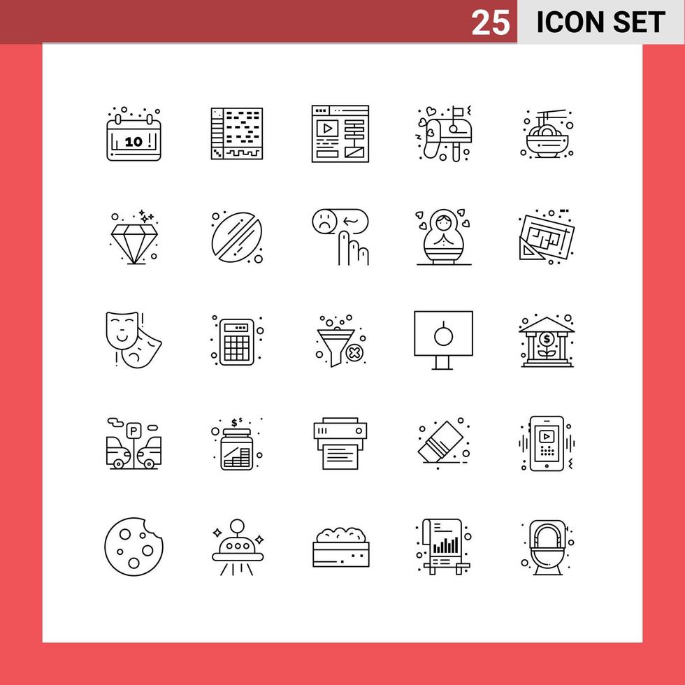 Mobile Interface Line Set of 25 Pictograms of chinese mail daw love box Editable Vector Design Elements