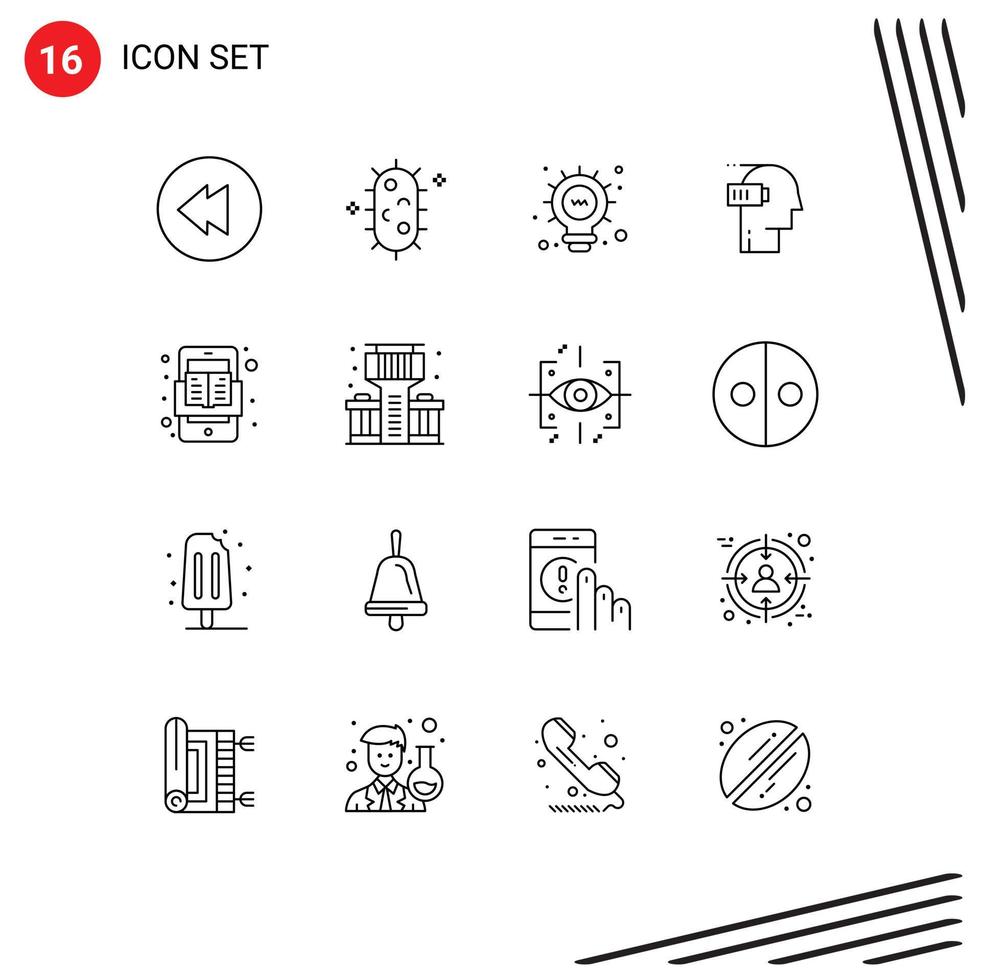 Set of 16 Modern UI Icons Symbols Signs for read mobile bulb book mental Editable Vector Design Elements