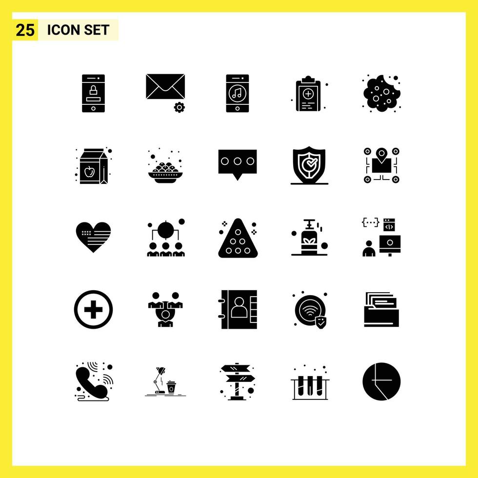 25 Universal Solid Glyph Signs Symbols of cookie test media medicine clipboard Editable Vector Design Elements