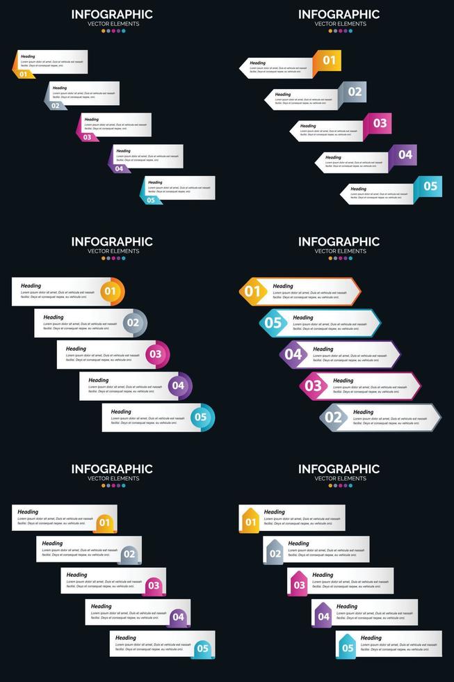 plantilla de diapositiva de presentación del paquete de infografías vectoriales 6 diagramas de ciclo de 5 pasos y líneas de tiempo vector