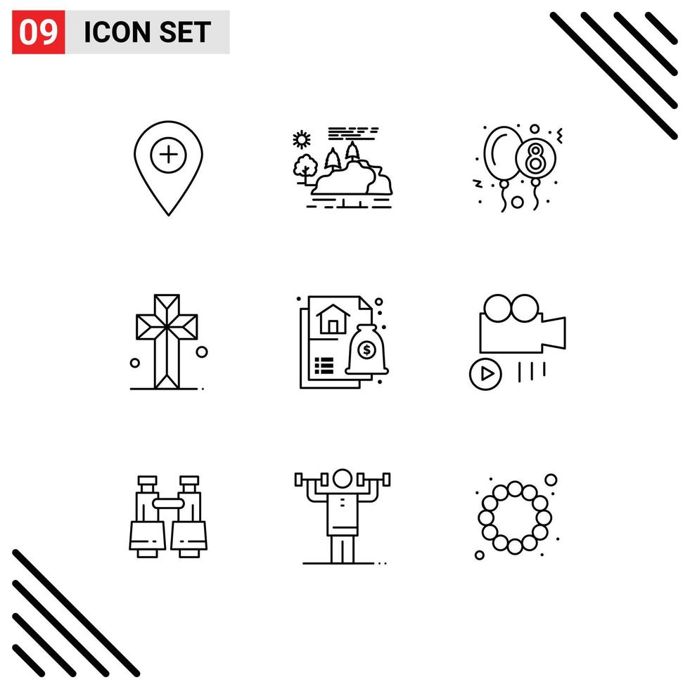 Set of 9 Modern UI Icons Symbols Signs for parish church mountain cathedral party Editable Vector Design Elements