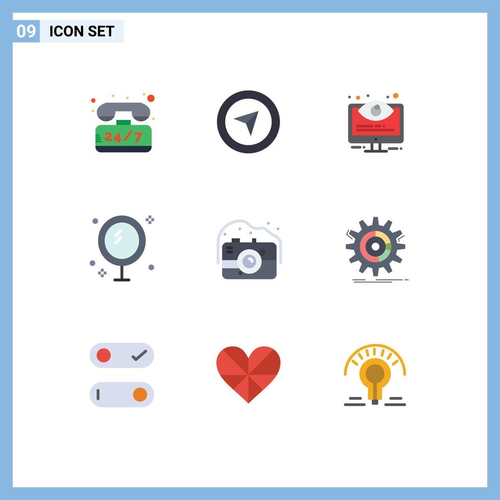 User Interface Pack of 9 Basic Flat Colors of camera mirror control cleaning bath Editable Vector Design Elements