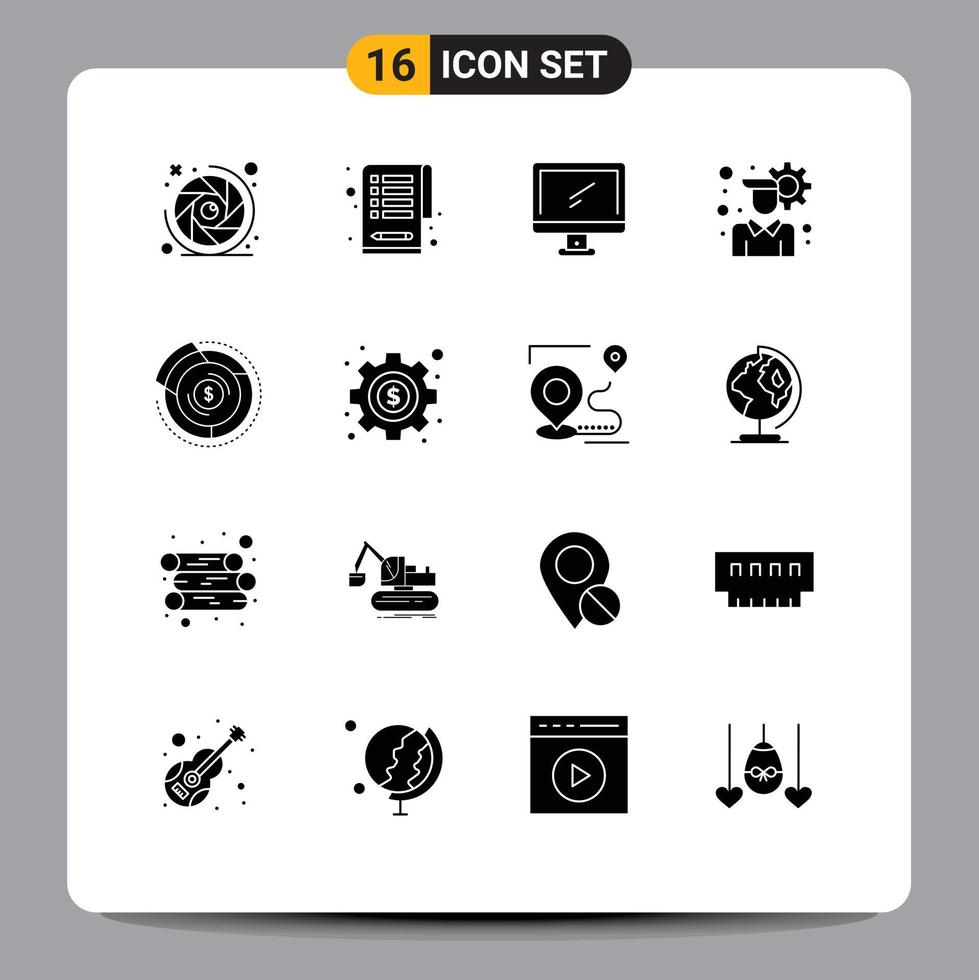 Group of 16 Modern Solid Glyphs Set for diagram balance monitor user setting account Editable Vector Design Elements