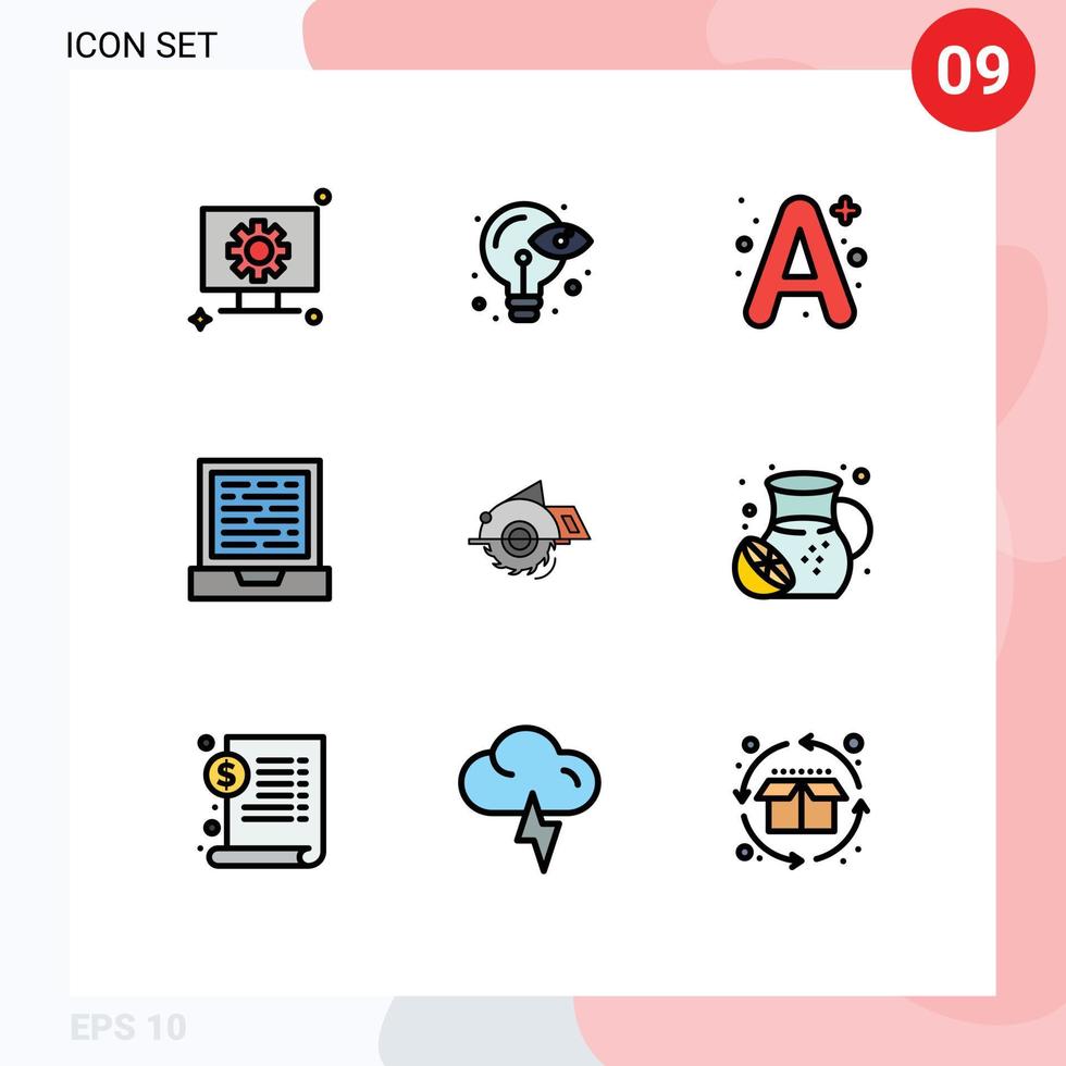 Universal Icon Symbols Group of 9 Modern Filledline Flat Colors of circular saw saw a design laptop Editable Vector Design Elements