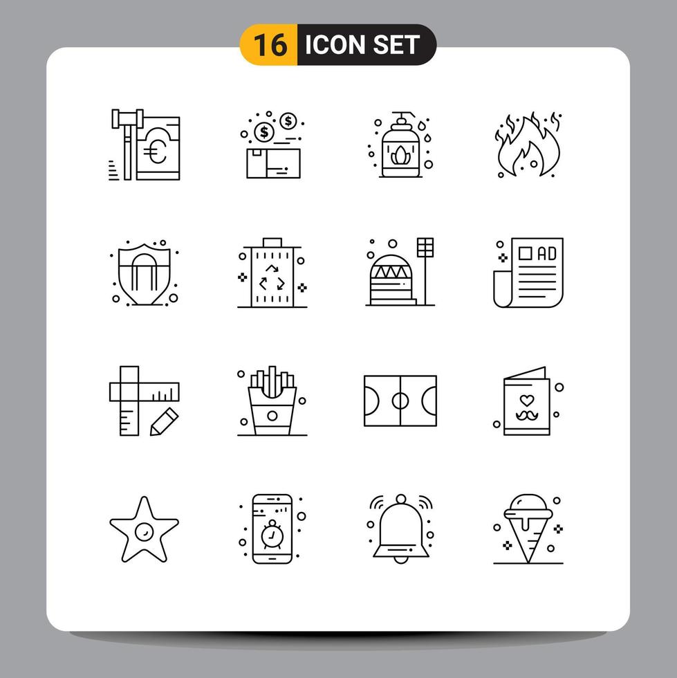 Modern Set of 16 Outlines Pictograph of shield motivation access product flame danger Editable Vector Design Elements