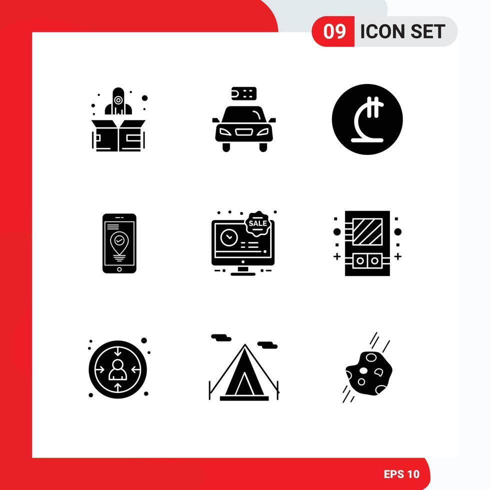 Pack of 9 Modern Solid Glyphs Signs and Symbols for Web Print Media such as limited time smartphone lari pointer navigation Editable Vector Design Elements