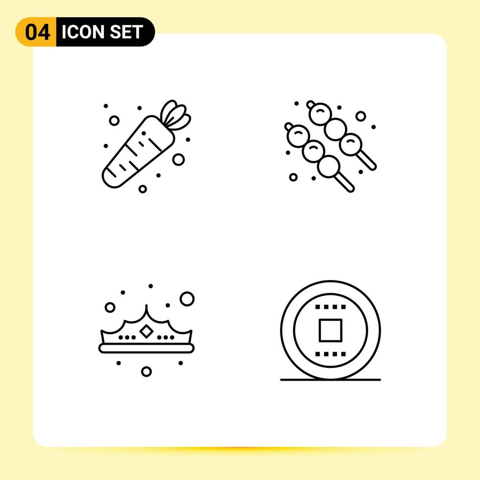 Set of 4 Modern UI Icons Symbols Signs for carrot jewelry marshmallow crown control Editable Vector Design Elements