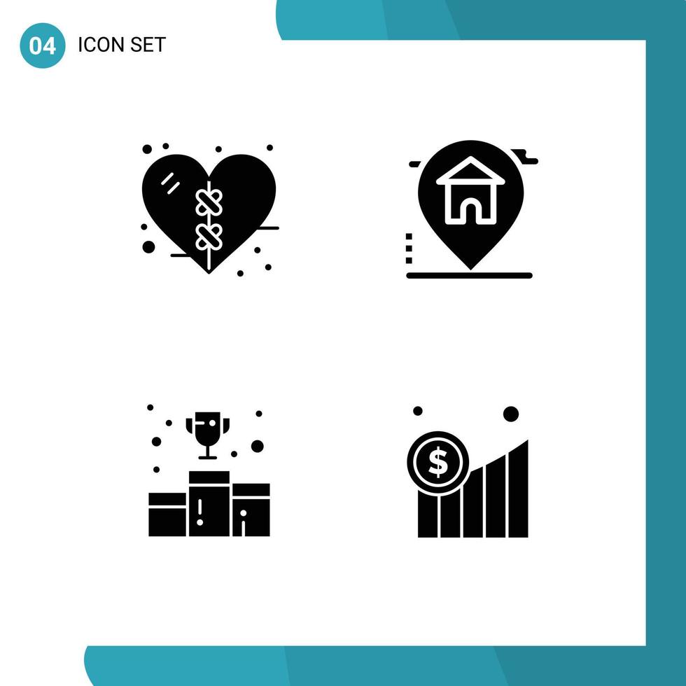 Solid Glyph Pack of 4 Universal Symbols of bandage awards heart house medal Editable Vector Design Elements