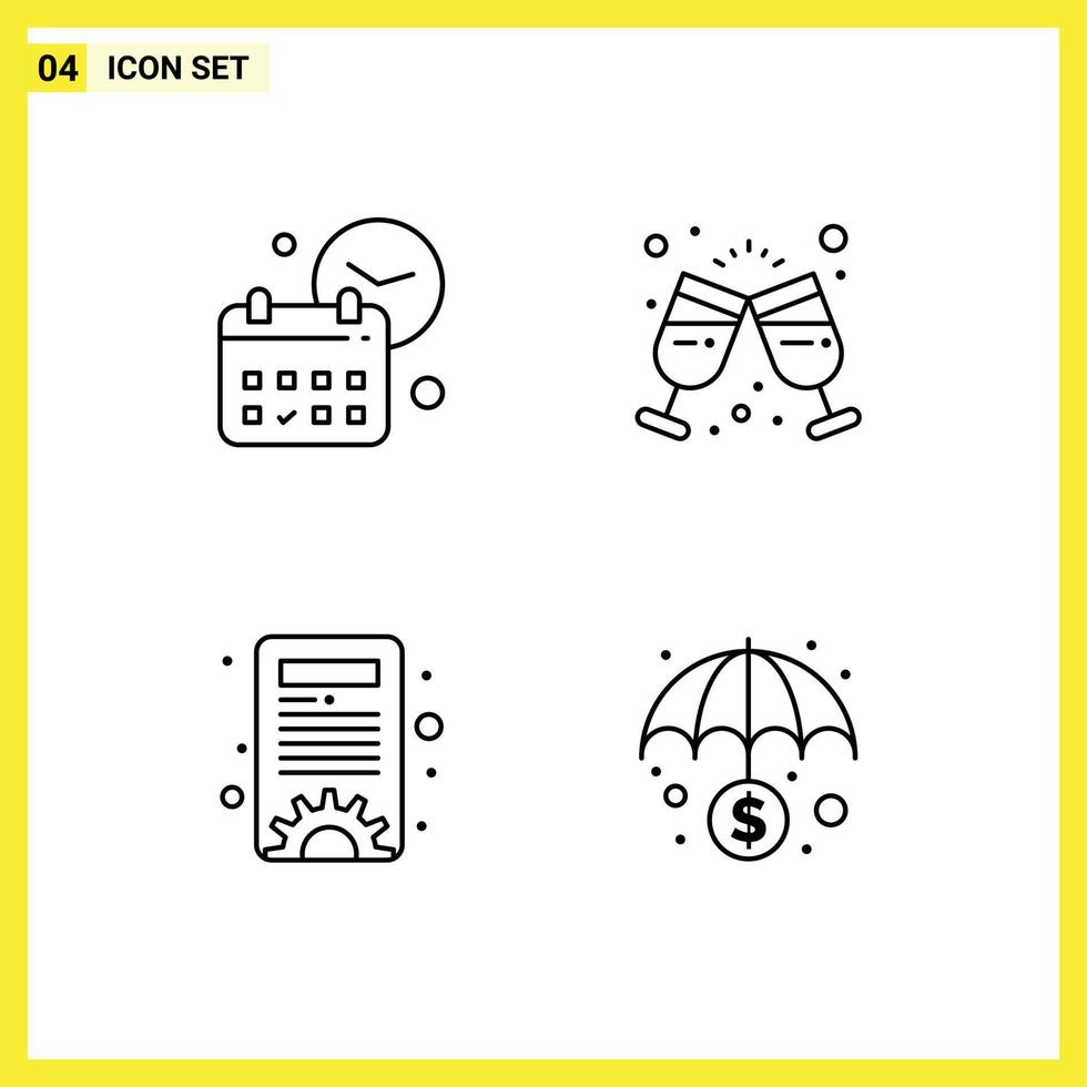 Line Pack of 4 Universal Symbols of calendar content management time wine glass settings Editable Vector Design Elements