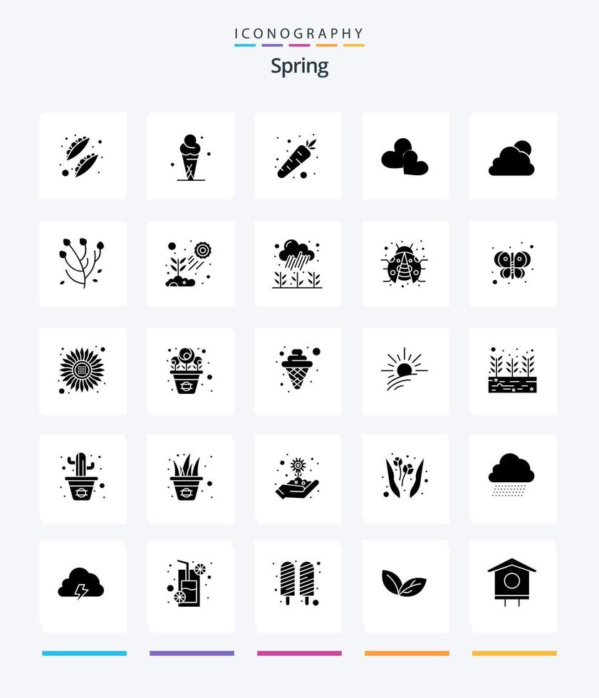 Paquete creativo de iconos negros sólidos de 25 glifos de primavera, como el sol. cielo. zanahoria. boda. amar vector