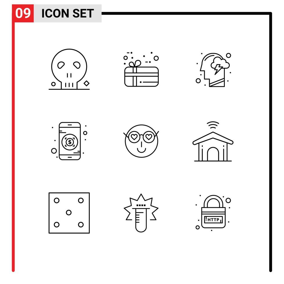 Outline Pack of 9 Universal Symbols of love smiley head mobile banking Editable Vector Design Elements
