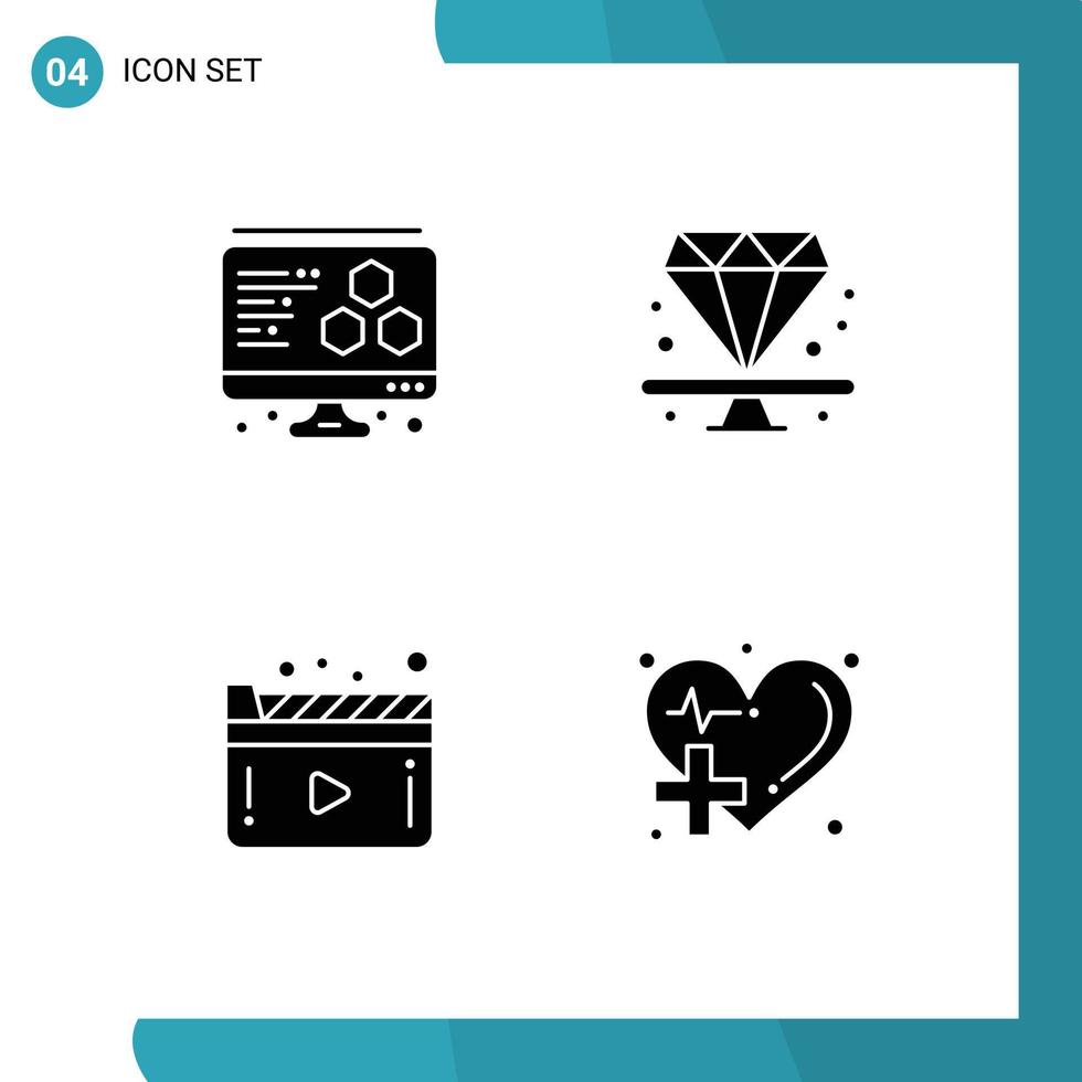 Group of 4 Solid Glyphs Signs and Symbols for printing play diamond media health Editable Vector Design Elements