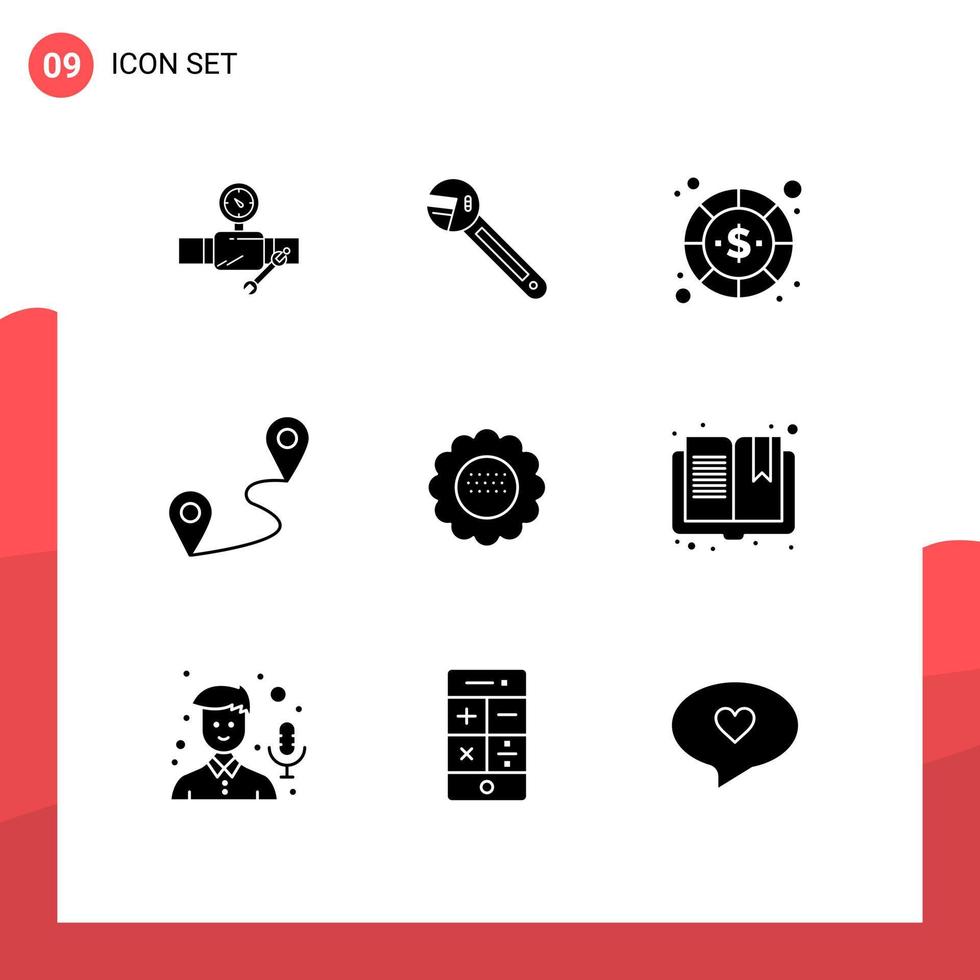 Group of 9 Modern Solid Glyphs Set for route location spanner payment dollar Editable Vector Design Elements