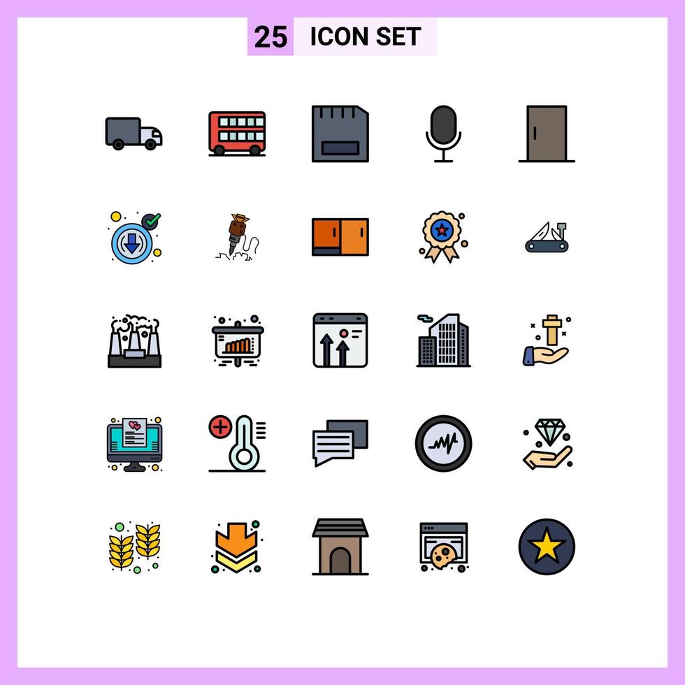 Group of 25 Modern Filled line Flat Colors Set for door microphone transport mic gadget Editable Vector Design Elements