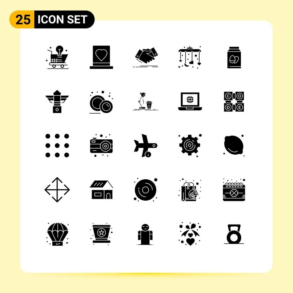 Pack of 25 creative Solid Glyphs of sleep baby marriage business shaking hand Editable Vector Design Elements