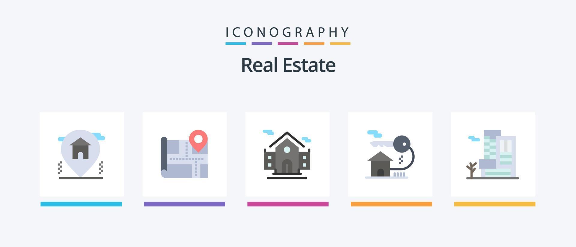 Real Estate Flat 5 Icon Pack Including estate. building. real estate. office. real estate. Creative Icons Design vector