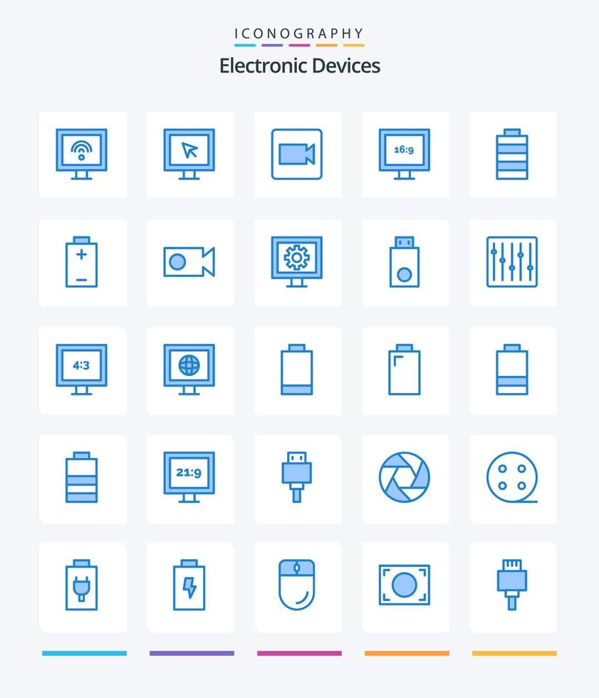 Paquete de 25 iconos azules de dispositivos creativos, como entretenimiento. video. mostrar. registro. energía vector