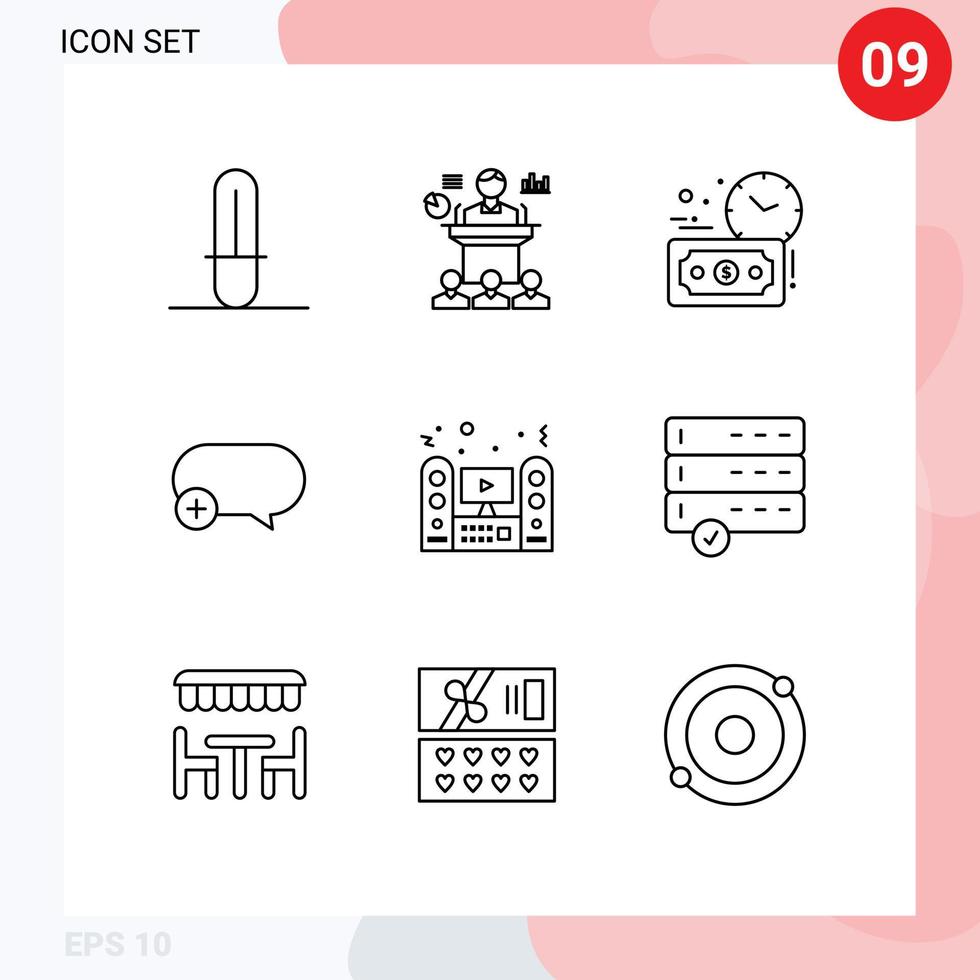 conjunto de 9 iconos modernos de la interfaz de usuario símbolos signos para la estimación del presupuesto multimedia del altavoz añadir comentarios elementos de diseño vectorial editables vector