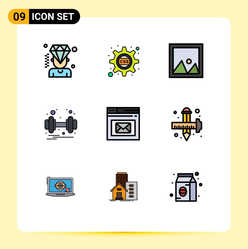 Group of 9 Filledline Flat Colors Signs and Symbols for browser weight decor gym photo Editable Vector Design Elements