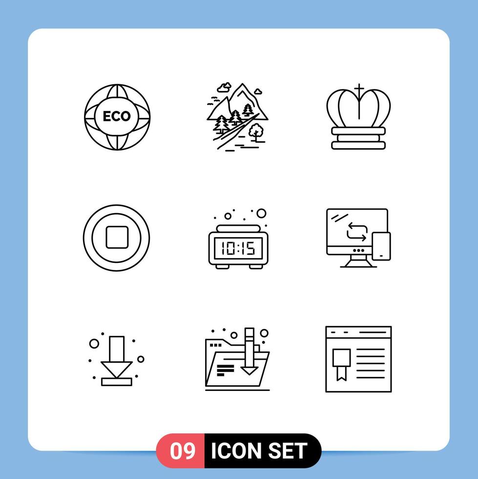 Group of 9 Outlines Signs and Symbols for alarm multimedia mountain media royal Editable Vector Design Elements