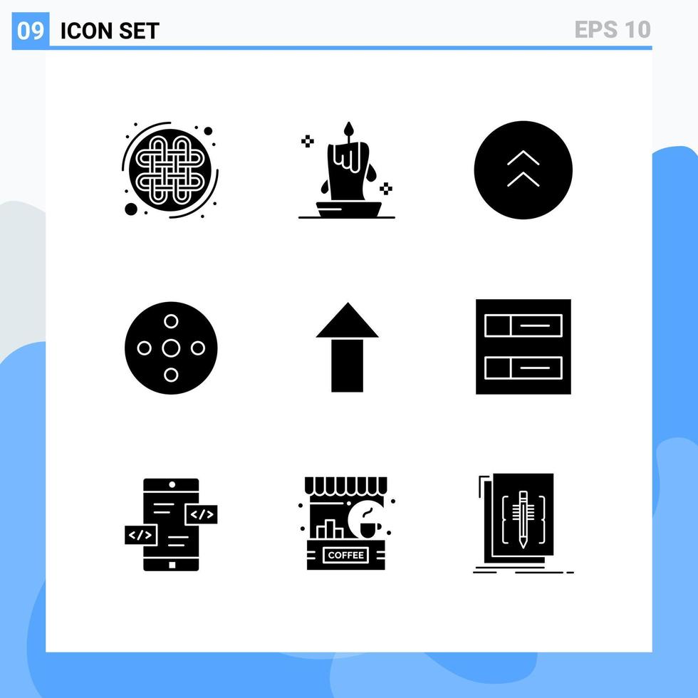 Modern Set of 9 Solid Glyphs Pictograph of arrow reel lantern footage up Editable Vector Design Elements