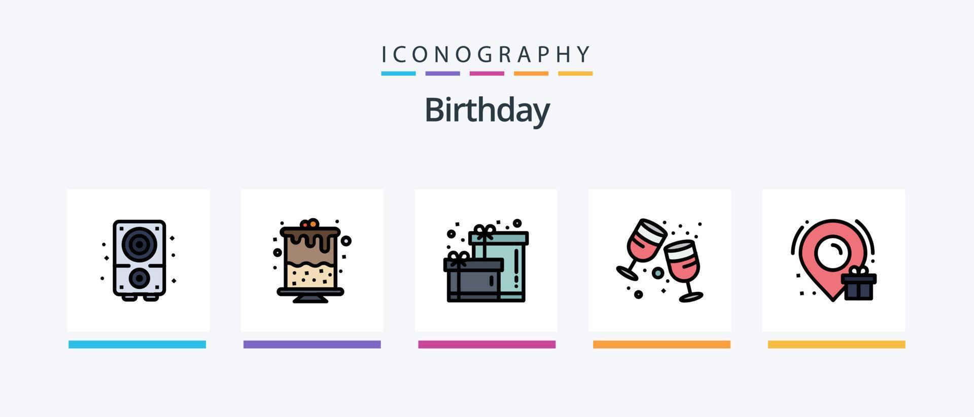 la línea de cumpleaños llenó el paquete de 5 íconos que incluye multimedia. comida de magdalenas. dulce. vela. panadería. diseño de iconos creativos vector