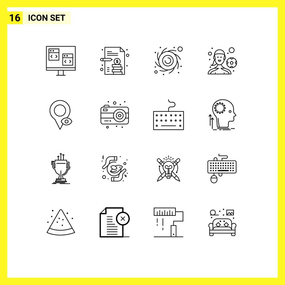 Pack of 16 Modern Outlines Signs and Symbols for Web Print Media such as map eye astronomy playing football football player Editable Vector Design Elements
