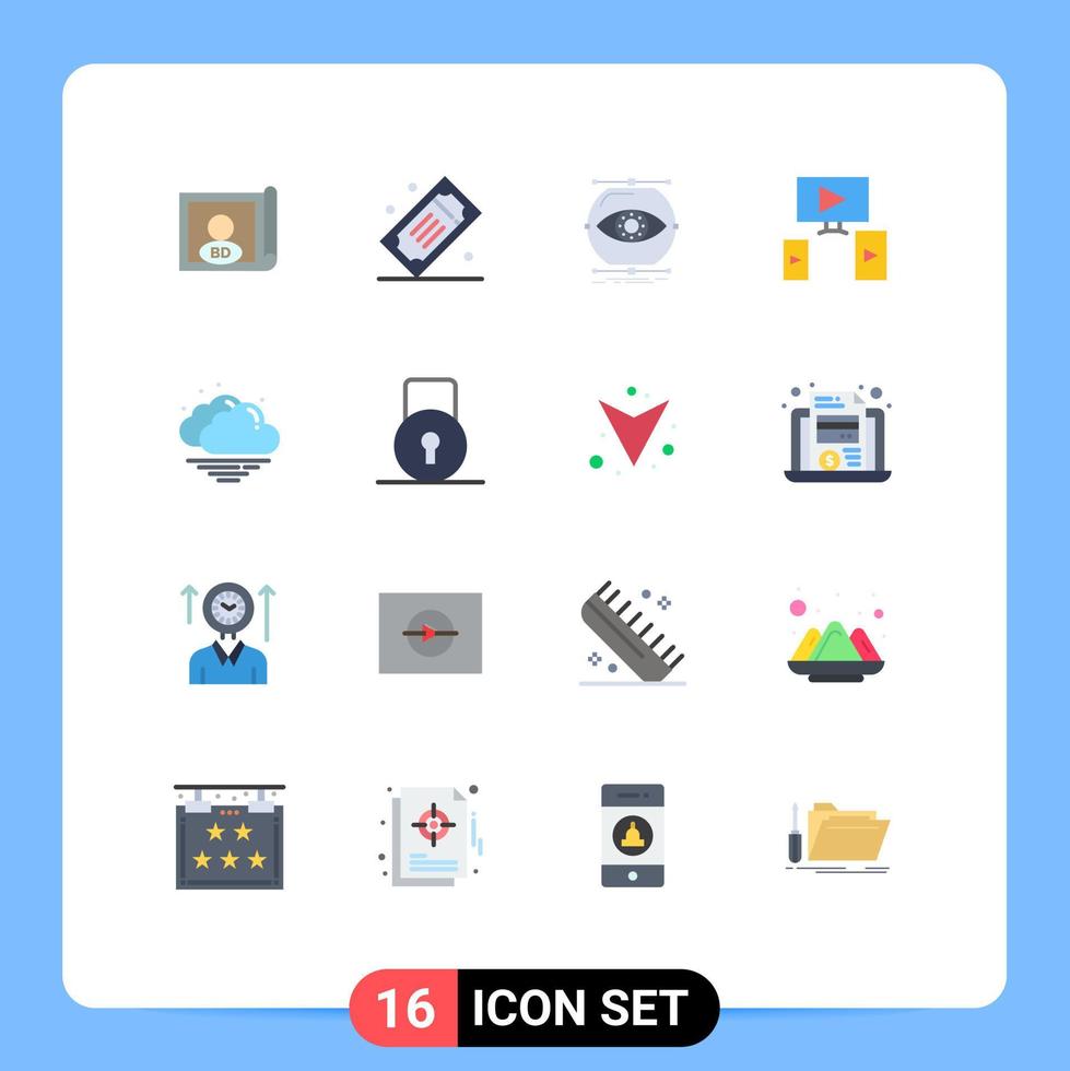 Pictogram Set of 16 Simple Flat Colors of cloud video tickets computer monitoring Editable Pack of Creative Vector Design Elements