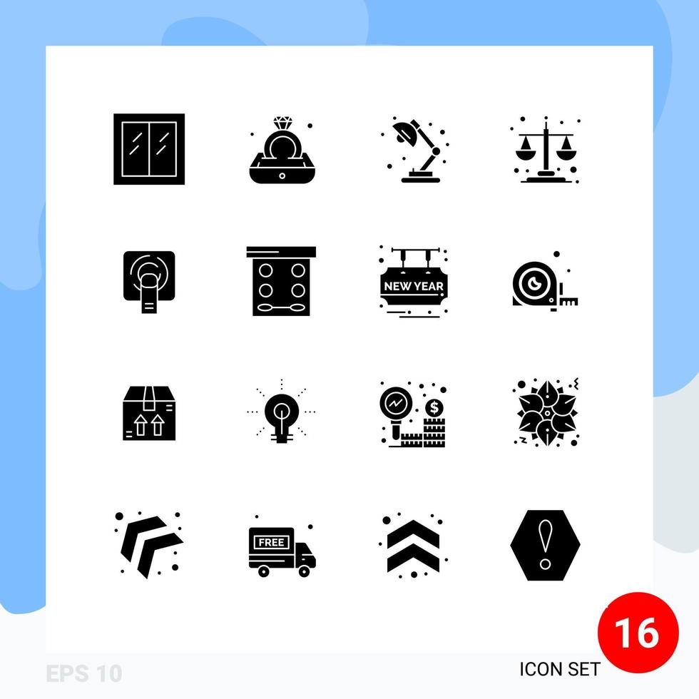 Set of 16 Commercial Solid Glyphs pack for tuch level lamp equality balance Editable Vector Design Elements