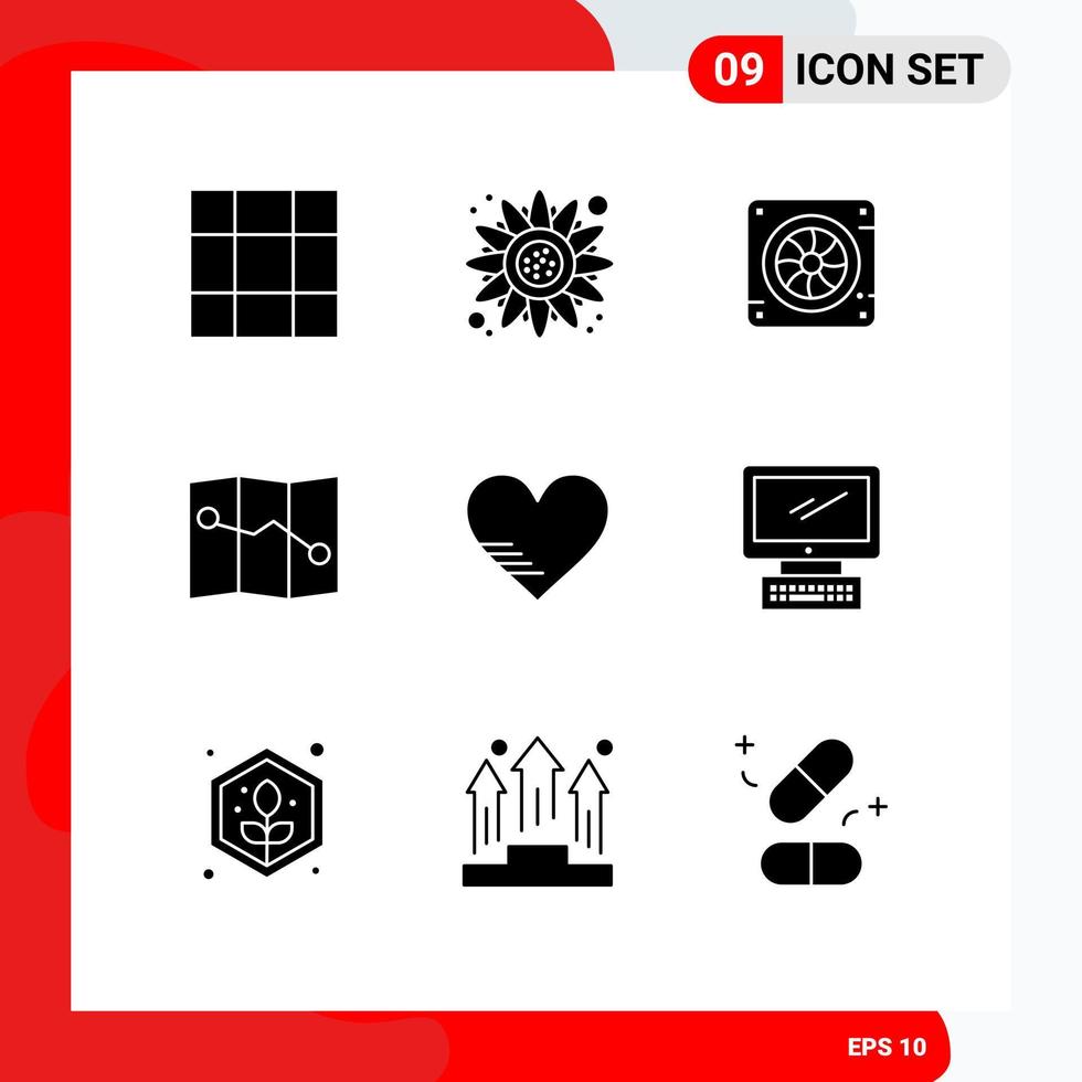 Pictogram Set of 9 Simple Solid Glyphs of monitor favorite fan like heart Editable Vector Design Elements
