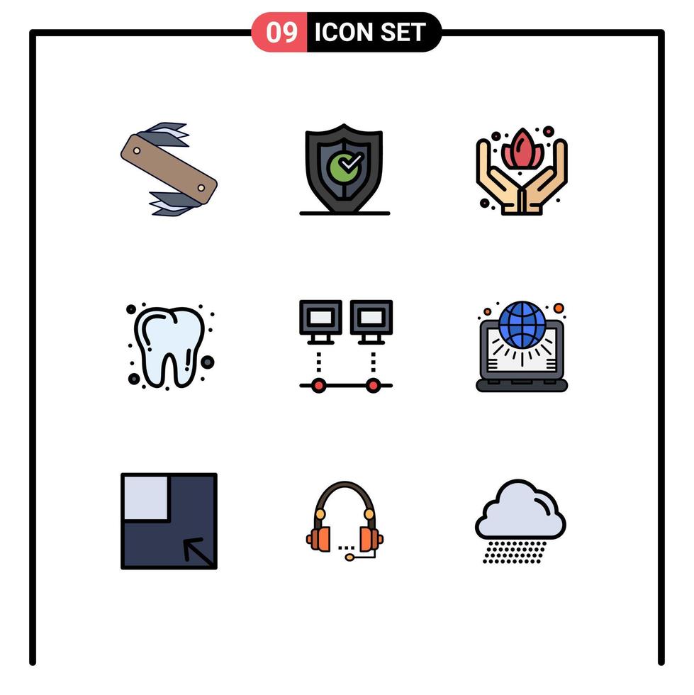 Filledline Flat Color Pack of 9 Universal Symbols of connection tooth secure dentist sauna Editable Vector Design Elements