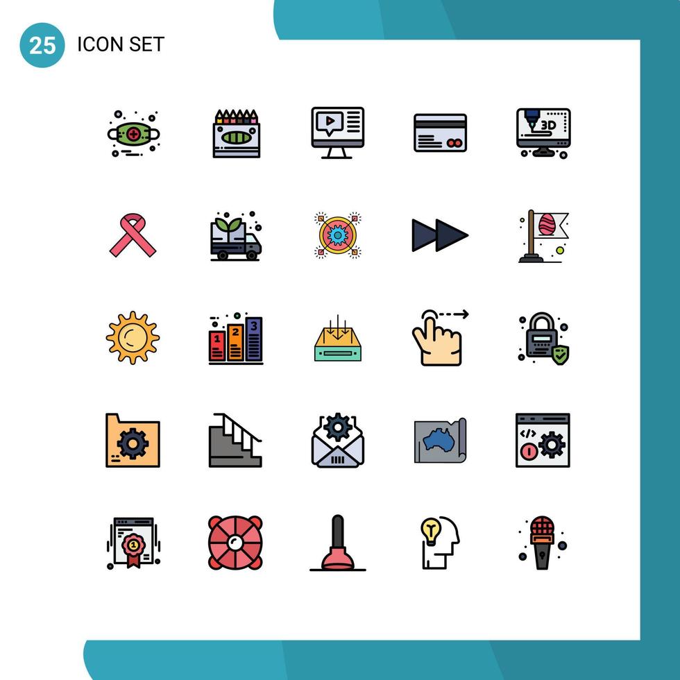 Set of 25 Vector Filled line Flat Colors on Grid for computer payments computer ecommerce card Editable Vector Design Elements