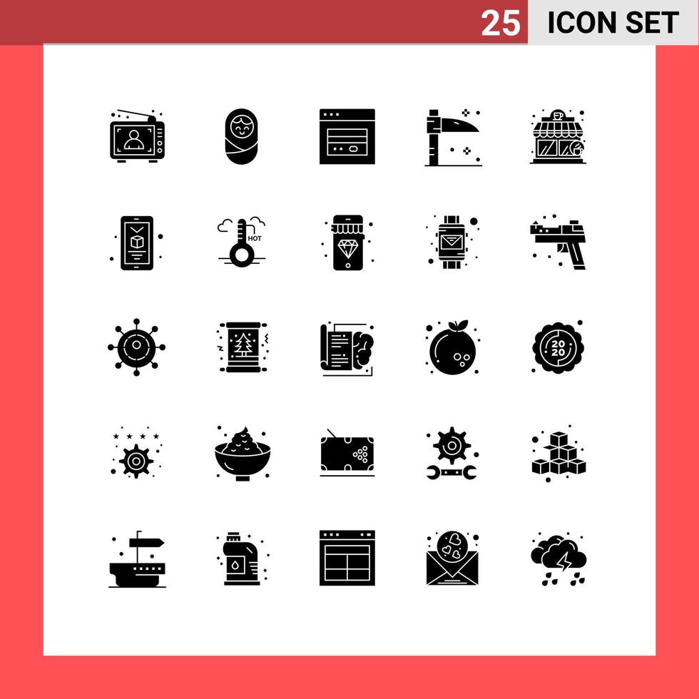Group of 25 Solid Glyphs Signs and Symbols for mobile coffee shop card coffee house holiday Editable Vector Design Elements
