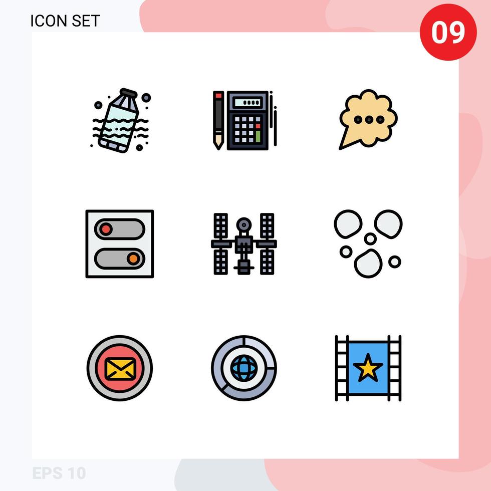9 Thematic Vector Filledline Flat Colors and Editable Symbols of satellite orbital bubble complex switch Editable Vector Design Elements