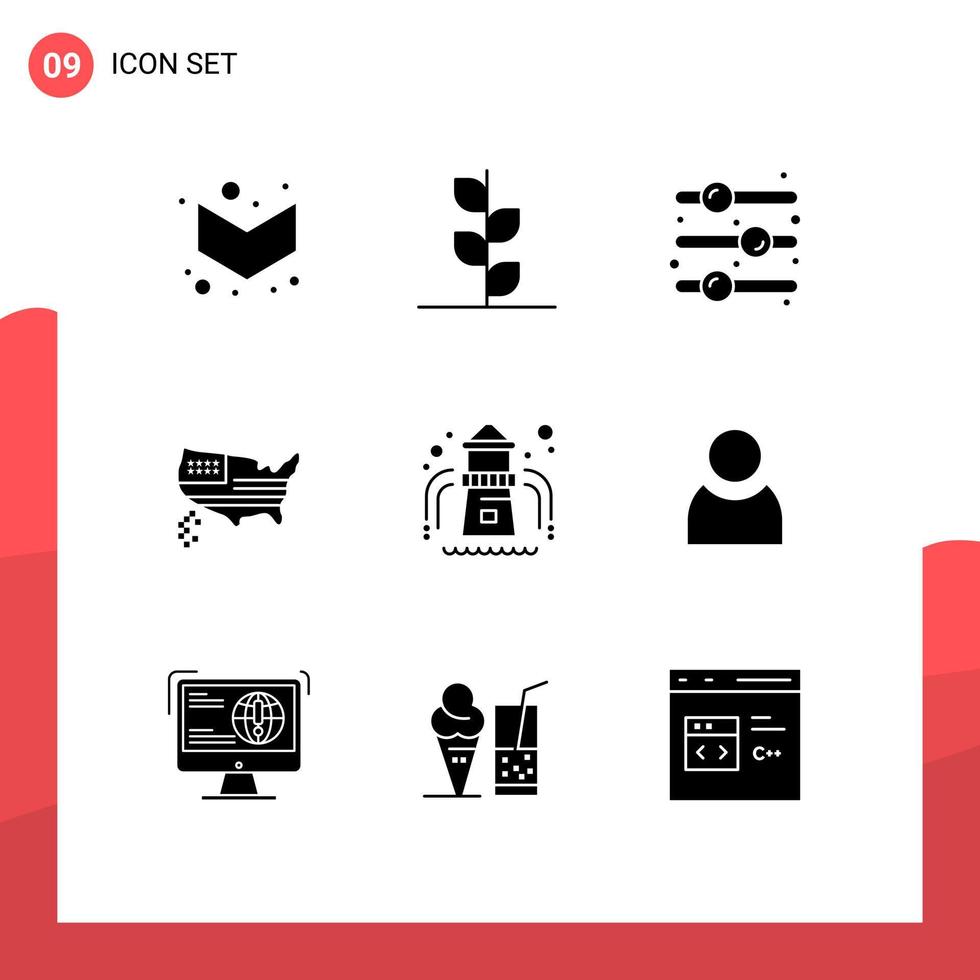 Mobile Interface Solid Glyph Set of 9 Pictograms of garden water slide off usa map Editable Vector Design Elements