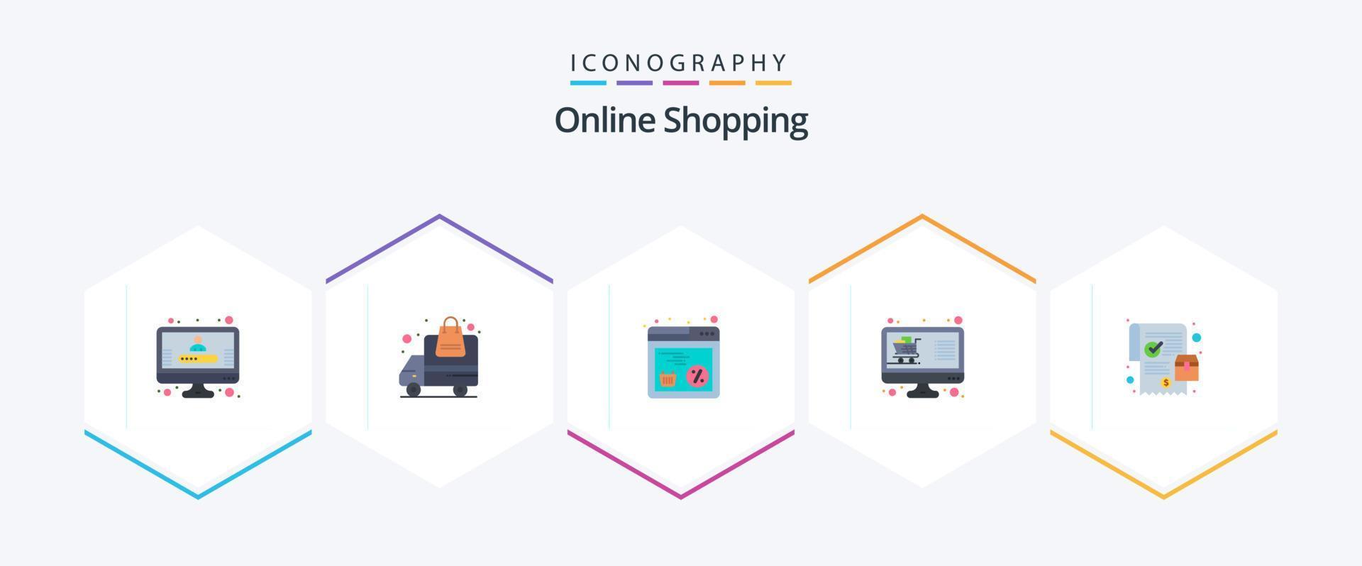 Online Shopping 25 Flat icon pack including order. list. online. display. online vector