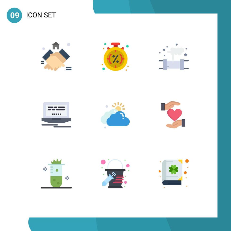 Pack of 9 Modern Flat Colors Signs and Symbols for Web Print Media such as cloud web sale laptop pollution Editable Vector Design Elements