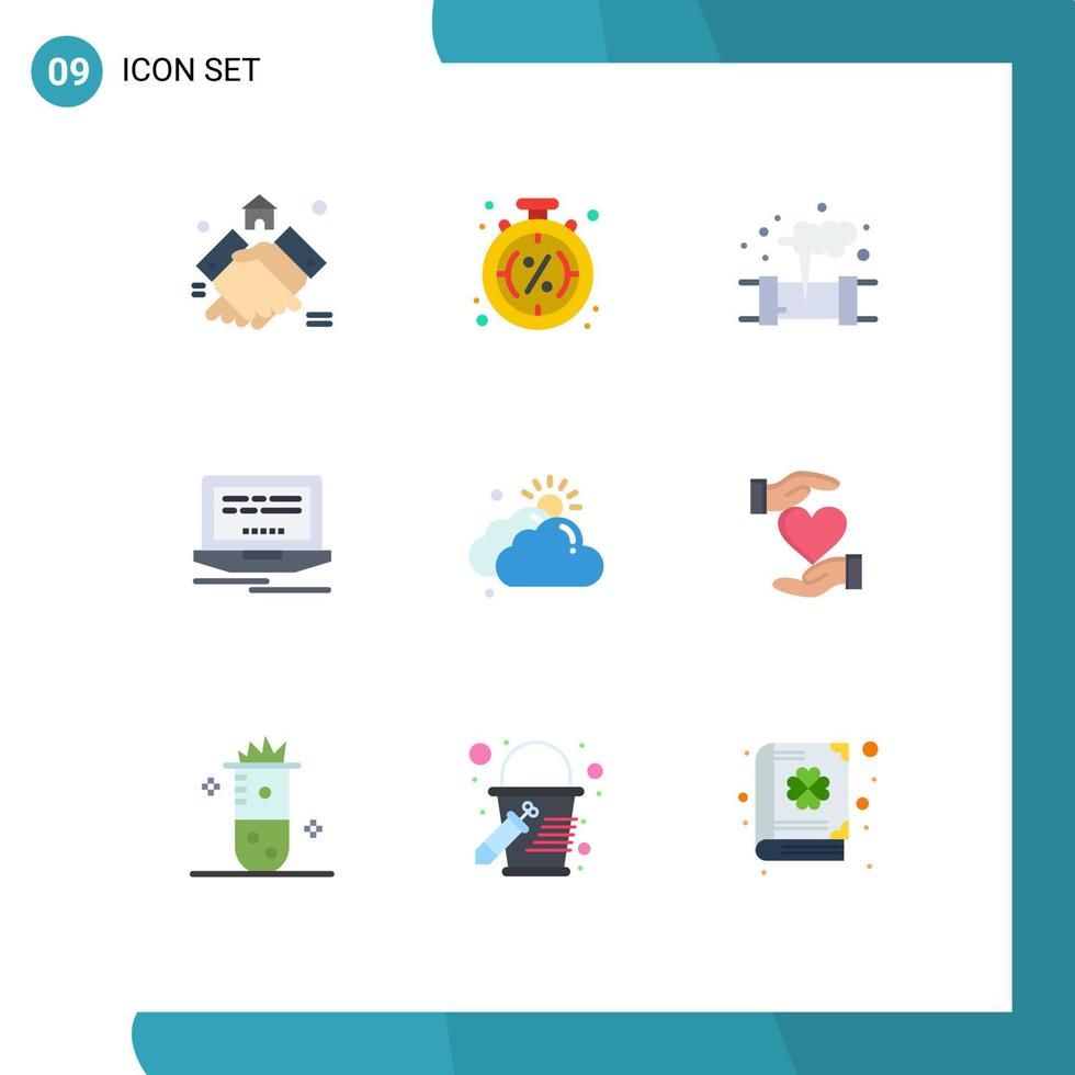 paquete de 9 signos y símbolos de colores planos modernos para medios de impresión web, como elementos de diseño de vectores editables de contaminación de portátiles de venta web en la nube