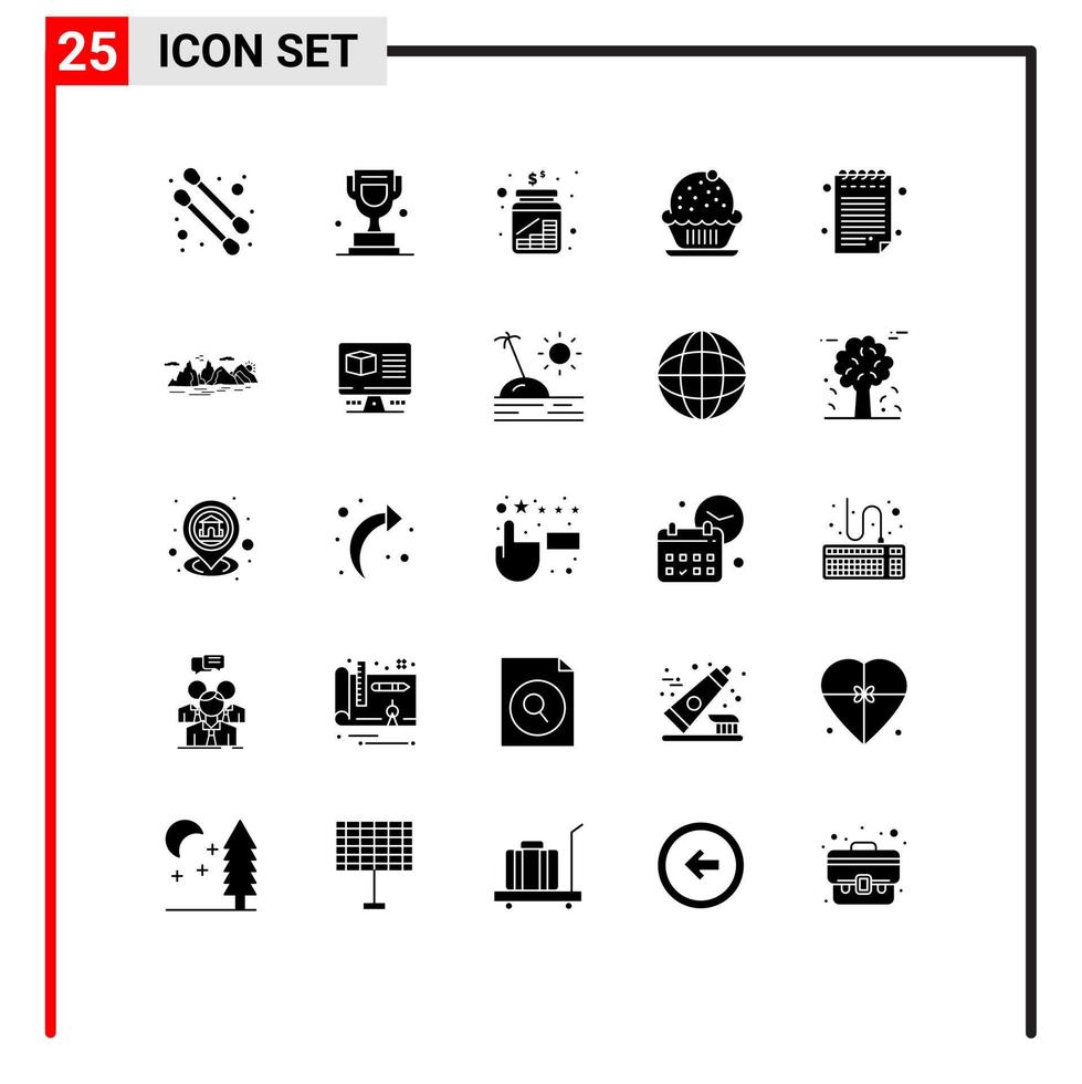 Pictogram Set of 25 Simple Solid Glyphs of mountain note jar party cake Editable Vector Design Elements