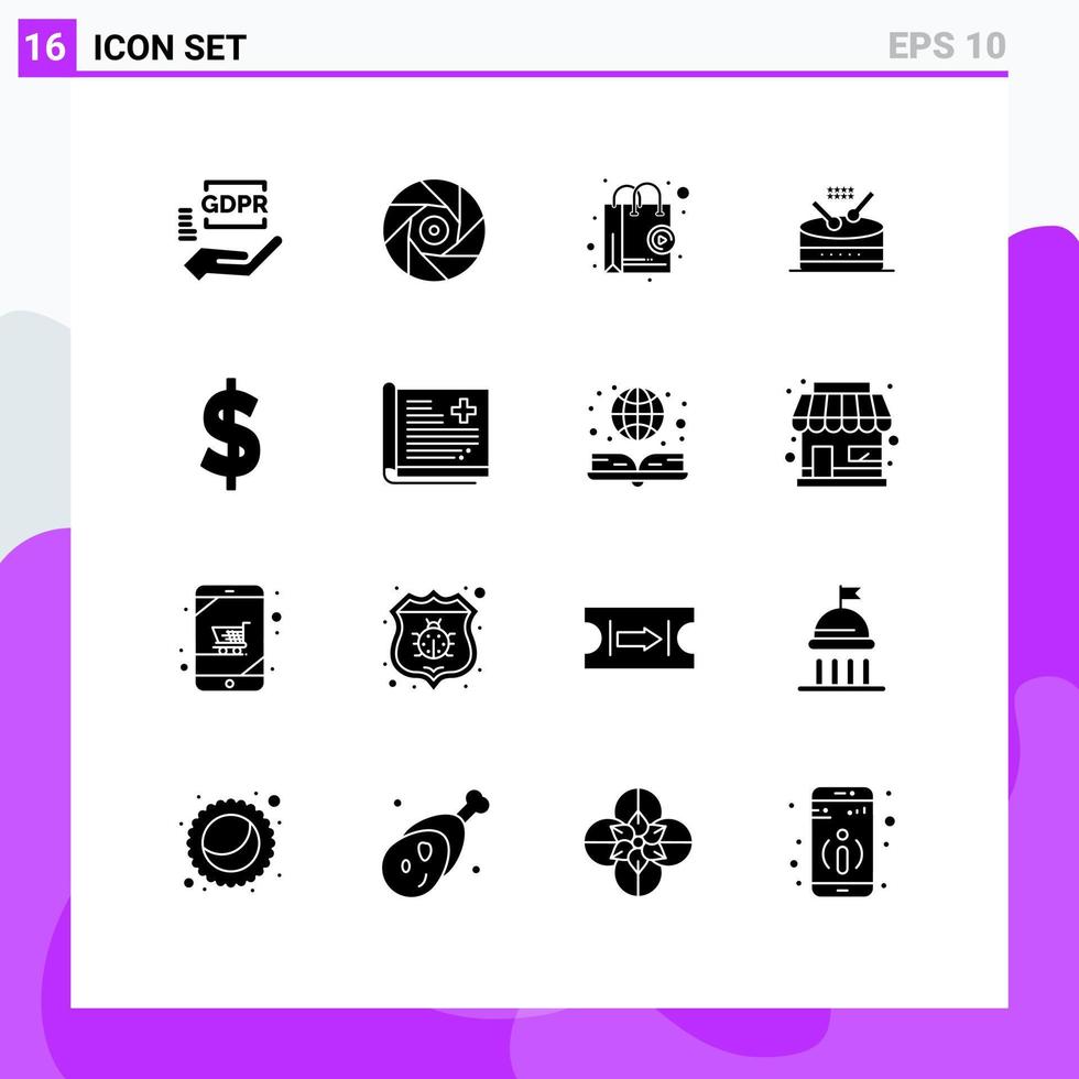 Pack of 16 Modern Solid Glyphs Signs and Symbols for Web Print Media such as dollar parade shop app music drum Editable Vector Design Elements