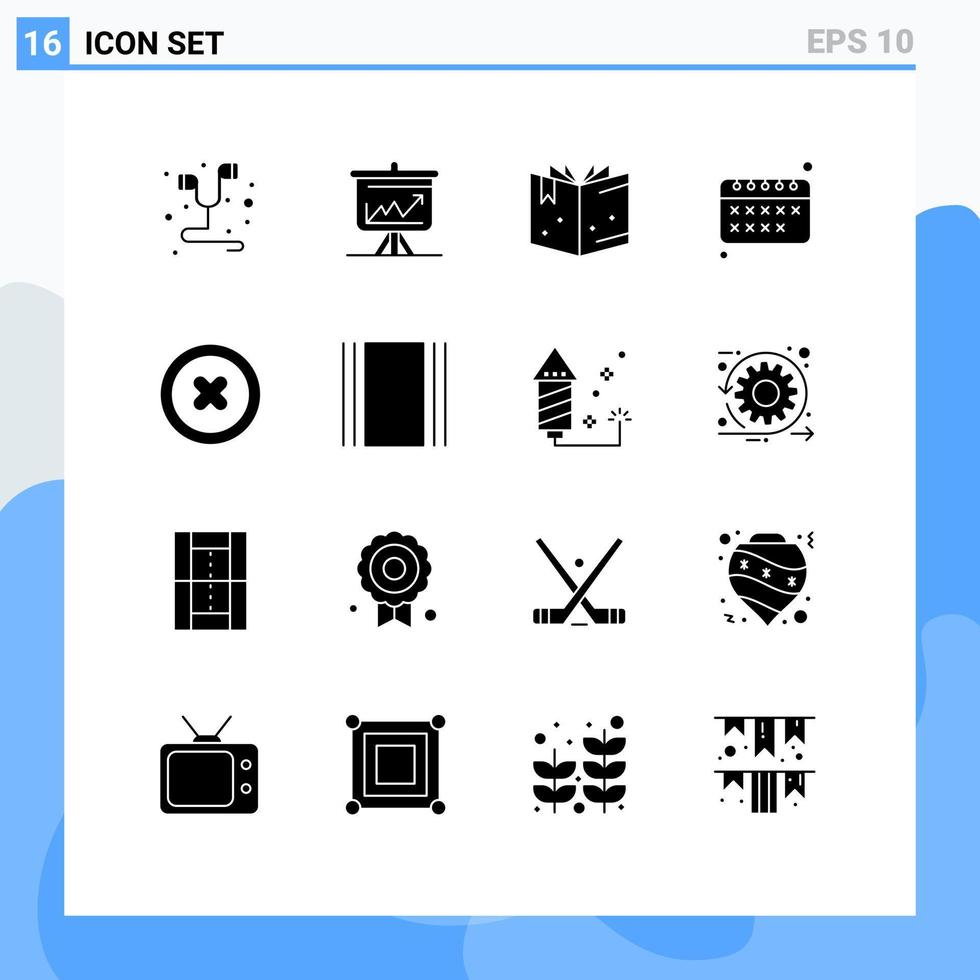 Set of 16 Vector Solid Glyphs on Grid for play media presentation calendar back to school Editable Vector Design Elements