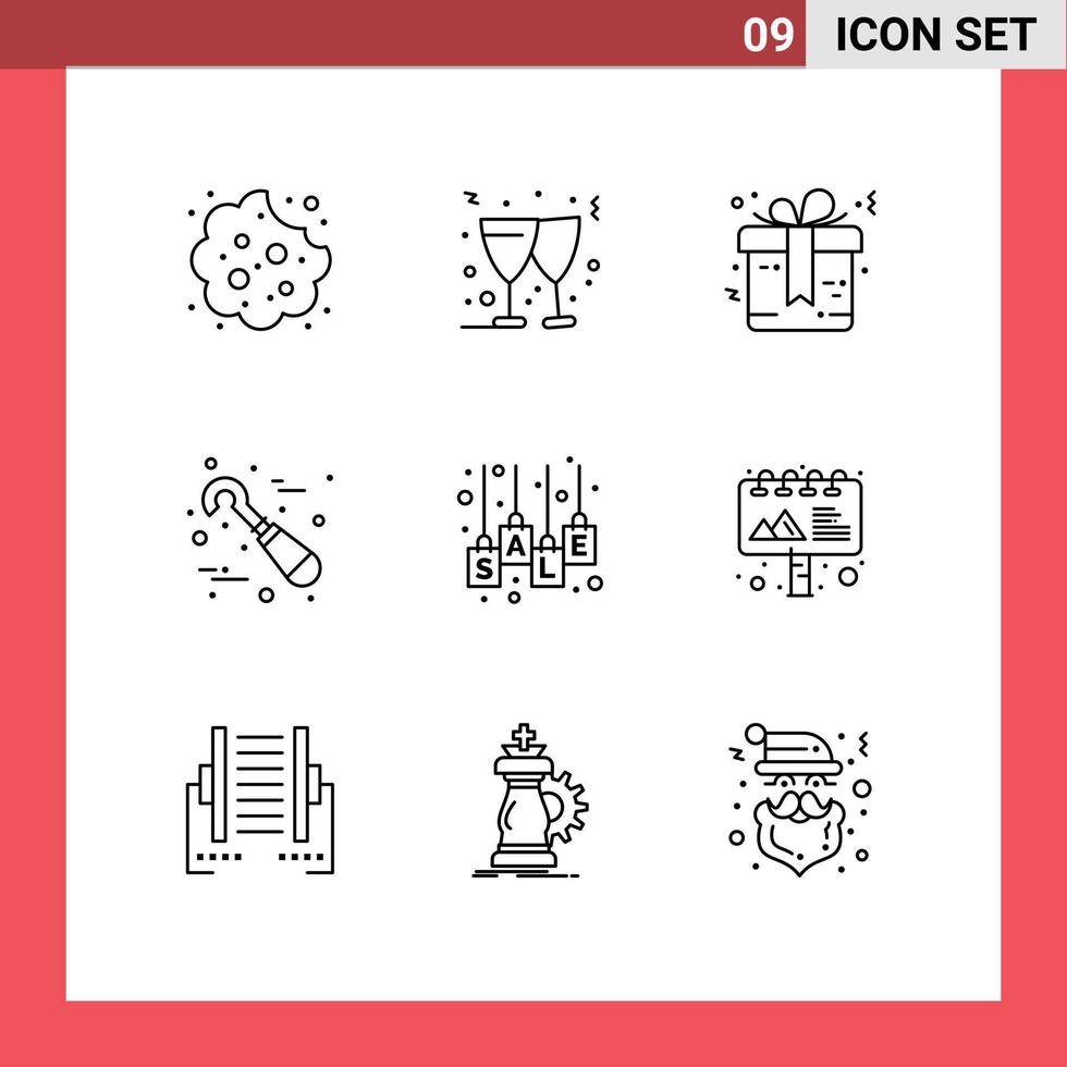 Mobile Interface Outline Set of 9 Pictograms of sale bag gift tools dentist Editable Vector Design Elements