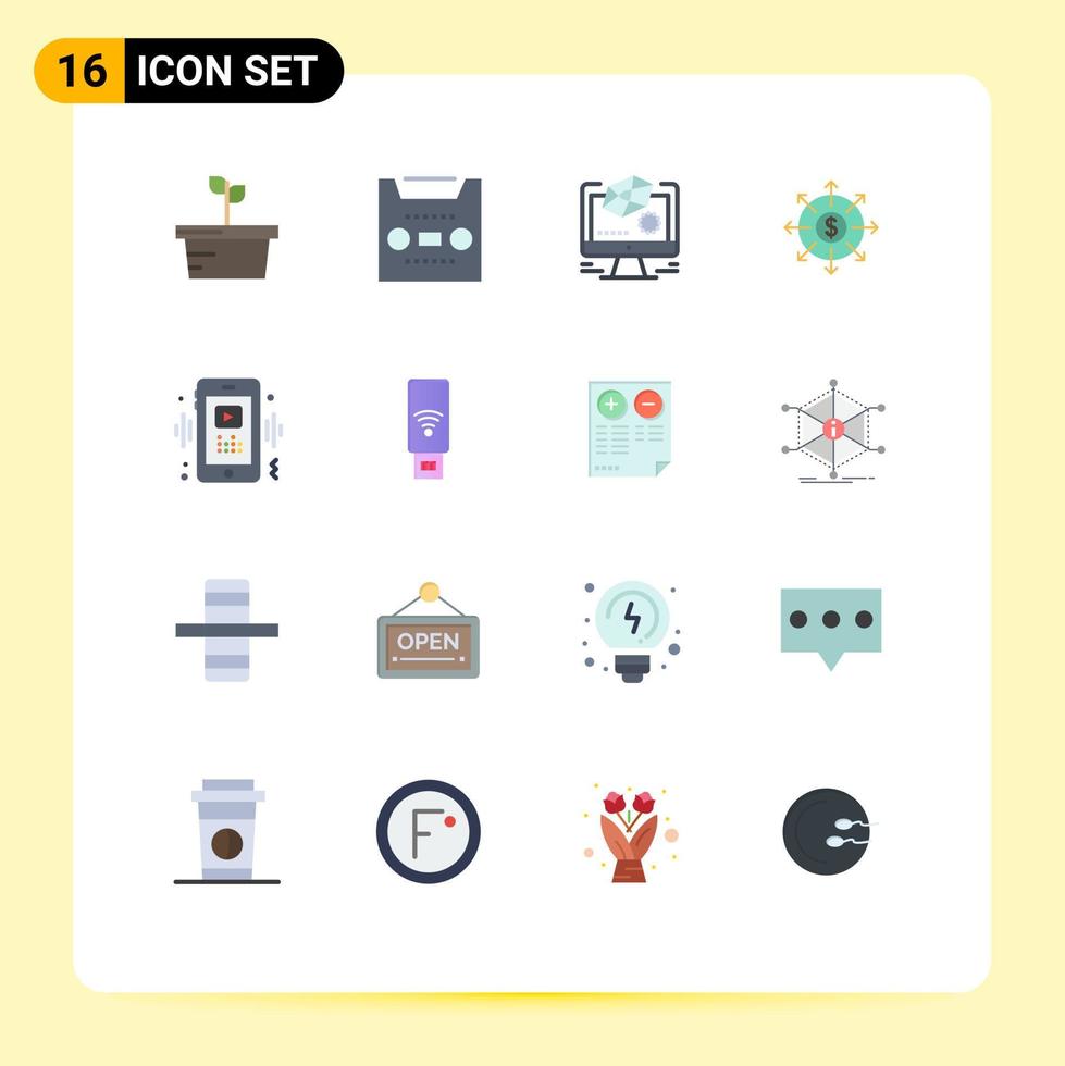 Modern Set of 16 Flat Colors and symbols such as video phone design cash banking Editable Pack of Creative Vector Design Elements