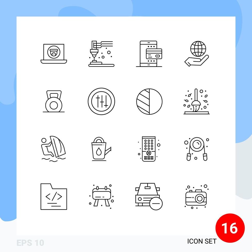 16 Thematic Vector Outlines and Editable Symbols of dumbbell internet card globe smartphone Editable Vector Design Elements