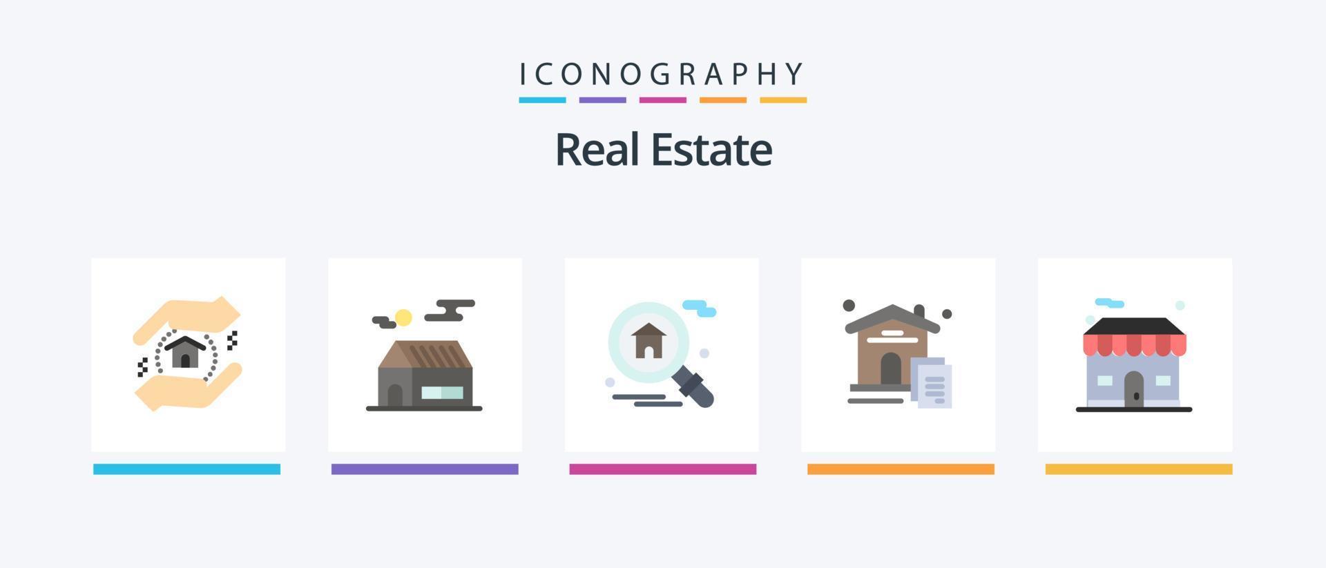 Real Estate Flat 5 Icon Pack Including estate. shop. search. building. document. Creative Icons Design vector