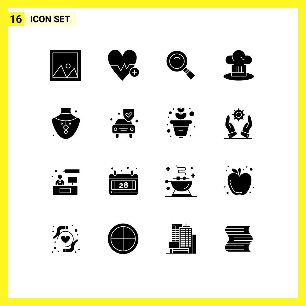 Set of 16 Vector Solid Glyphs on Grid for restaurant chef hat plus chef search Editable Vector Design Elements